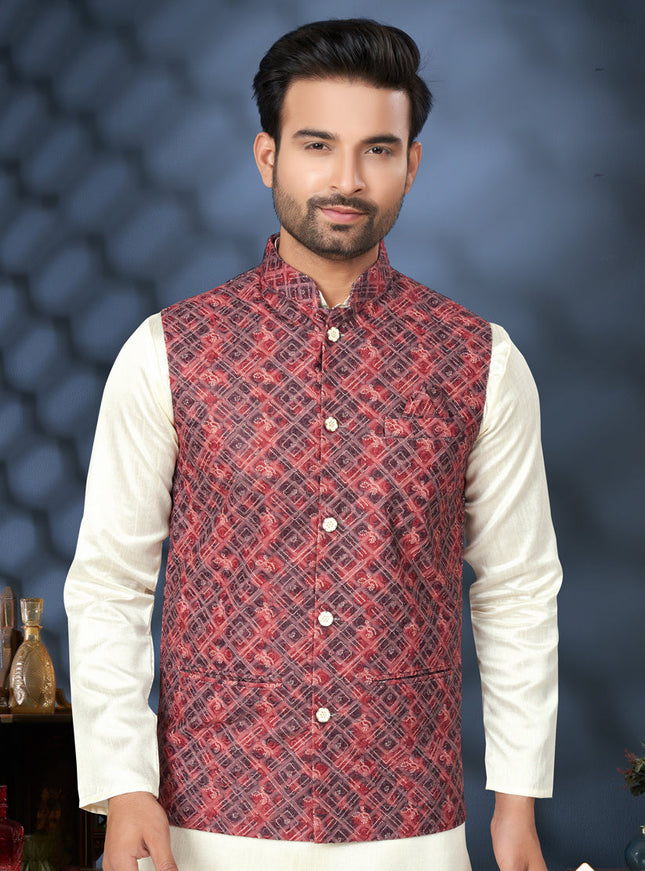 Off White Silk Kurta Pyjama with Red Jacket