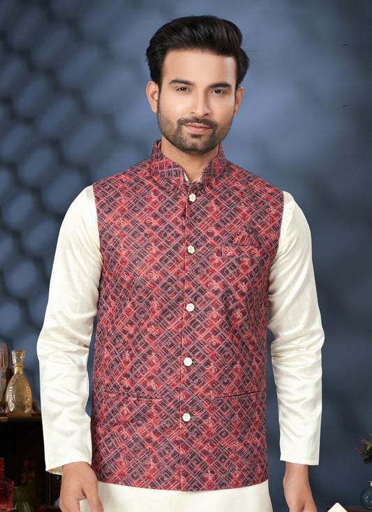 Off White Silk Kurta Pyjama with Red Jacket