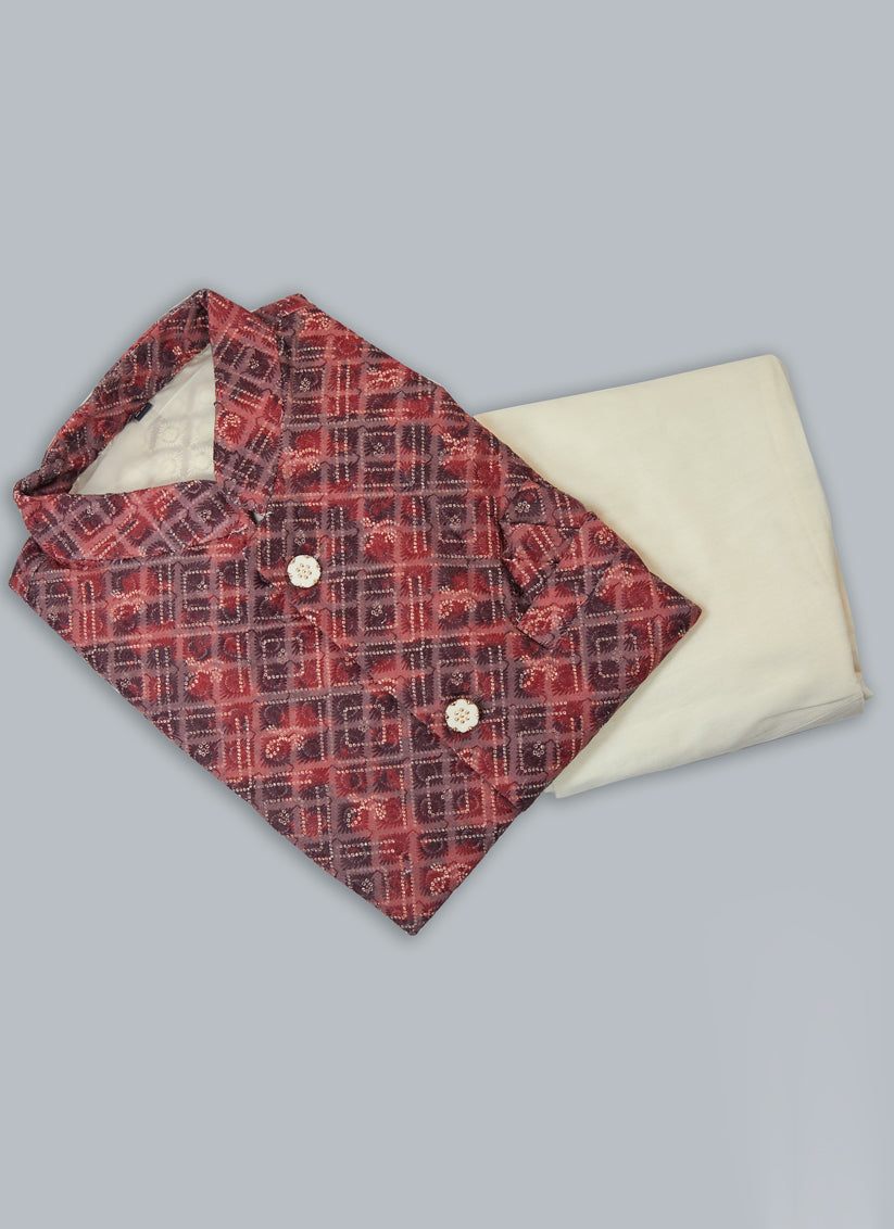 Off White Silk Kurta Pyjama with Red Jacket