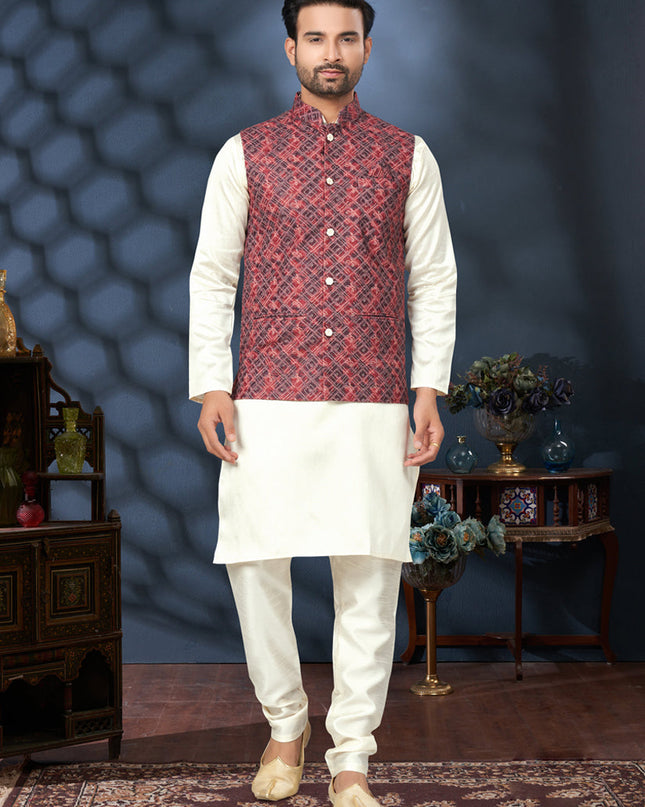Off White Silk Kurta Pyjama with Red Jacket