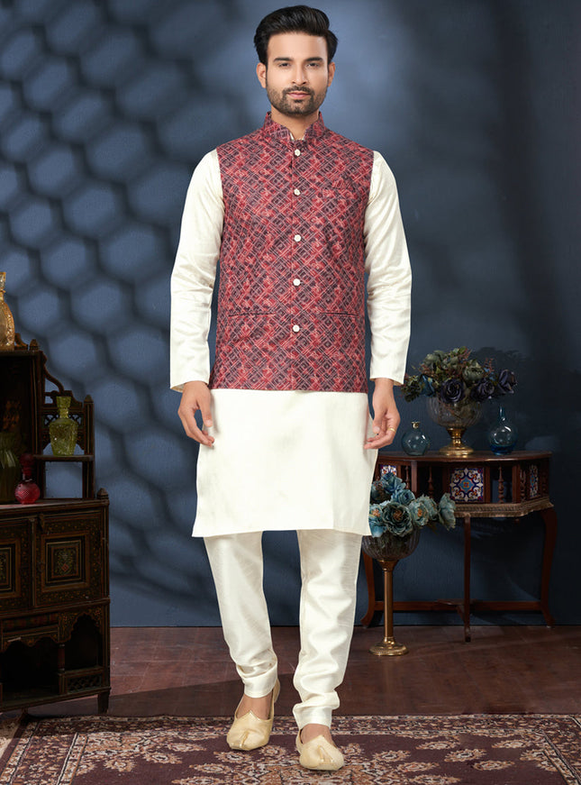 Off White Silk Kurta Pyjama with Red Jacket