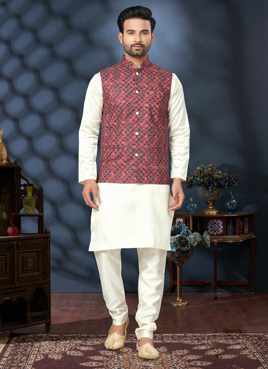Off White Silk Kurta Pyjama with Red Jacket