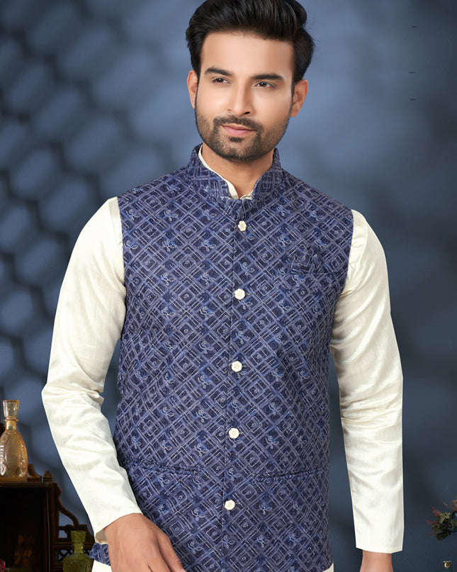 Off White Silk Kurta Pyjama with Navy Blue Jacket