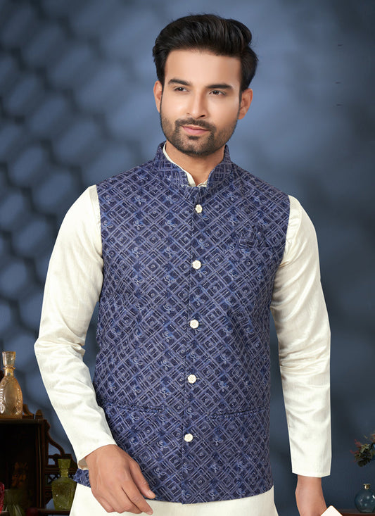Off White Silk Kurta Pyjama with Navy Blue Jacket
