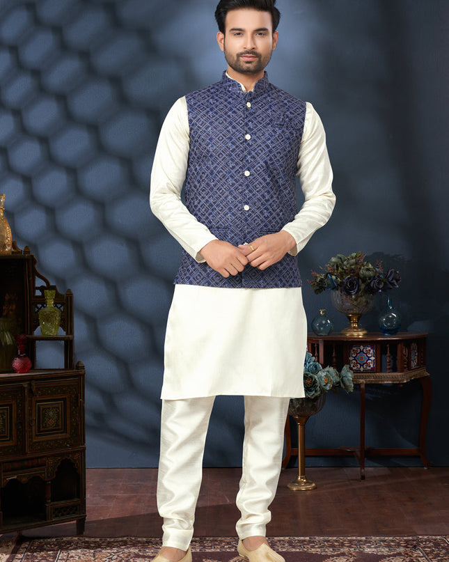 Off White Silk Kurta Pyjama with Navy Blue Jacket