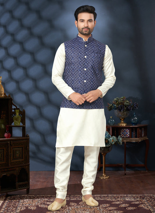 Off White Silk Kurta Pyjama with Navy Blue Jacket