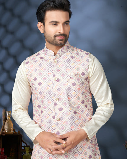 Off White Silk Kurta Pyjama with Cream Jacket