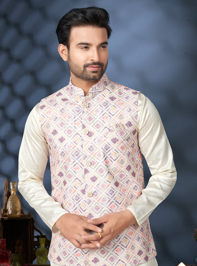 Off White Silk Kurta Pyjama with Cream Jacket