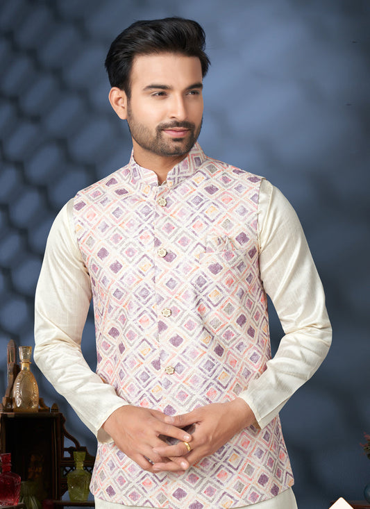 Off White Silk Kurta Pyjama with Cream Jacket