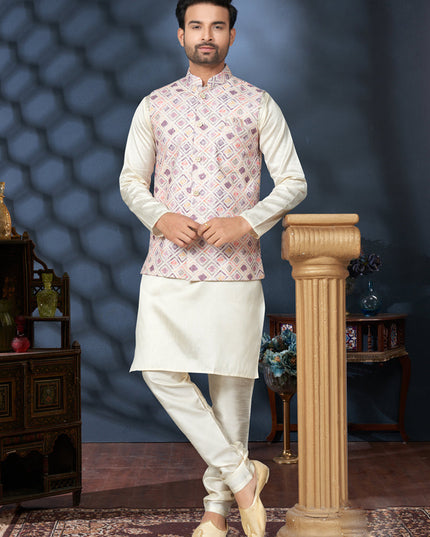 Off White Silk Kurta Pyjama with Cream Jacket