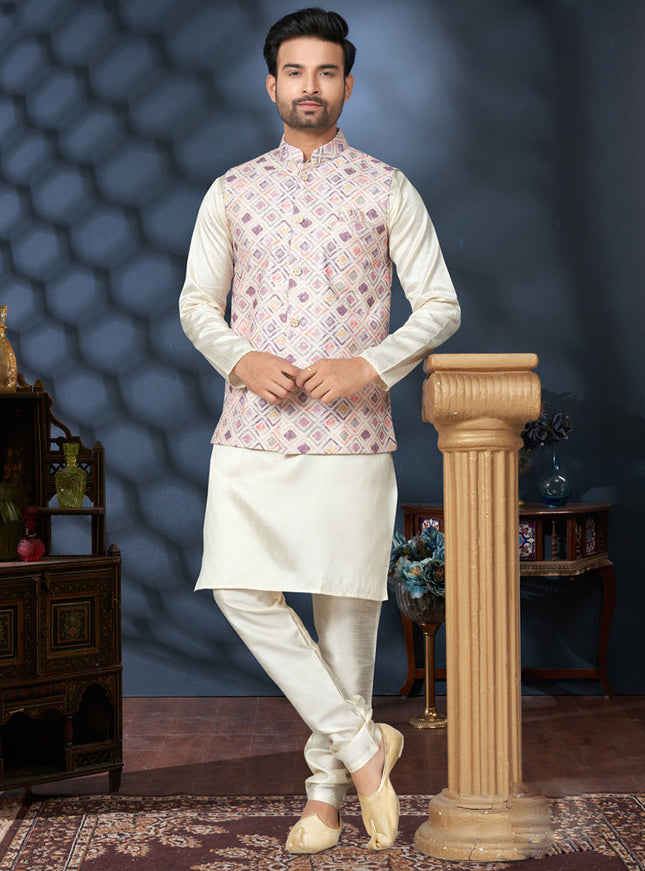 Off White Silk Kurta Pyjama with Cream Jacket
