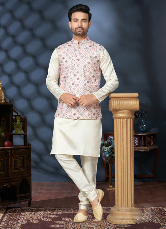 Off White Silk Kurta Pyjama with Cream Jacket