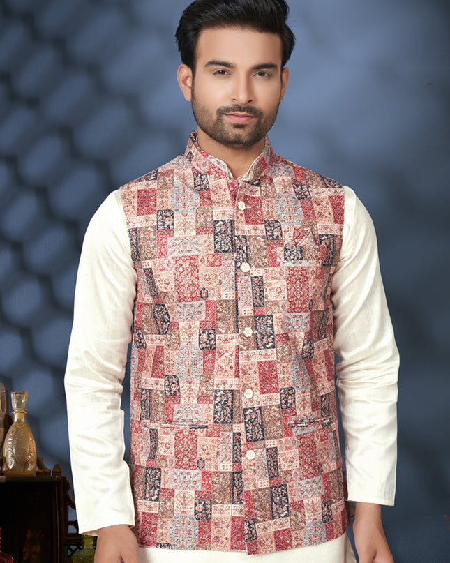 Off White Silk Kurta Pyjama with Multicolor Jacket