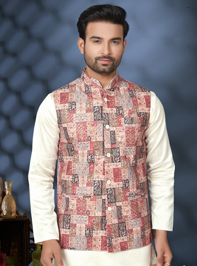 Off White Silk Kurta Pyjama with Multicolor Jacket