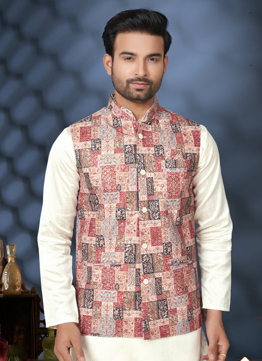 Off White Silk Kurta Pyjama with Multicolor Jacket