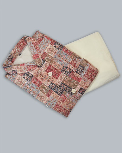 Off White Silk Kurta Pyjama with Multicolor Jacket