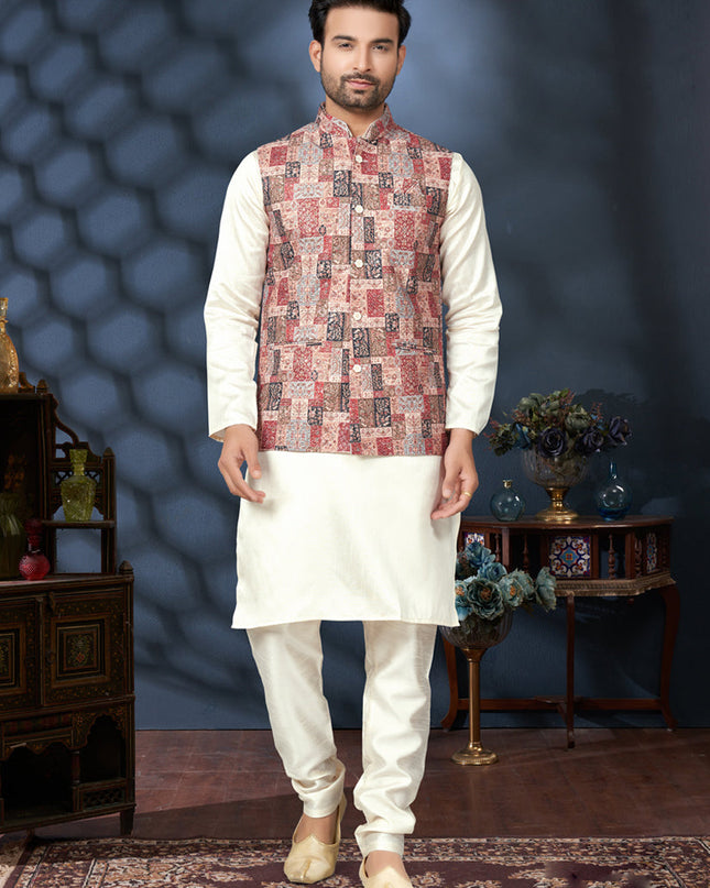 Off White Silk Kurta Pyjama with Multicolor Jacket