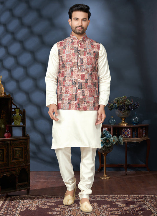 Off White Silk Kurta Pyjama with Multicolor Jacket