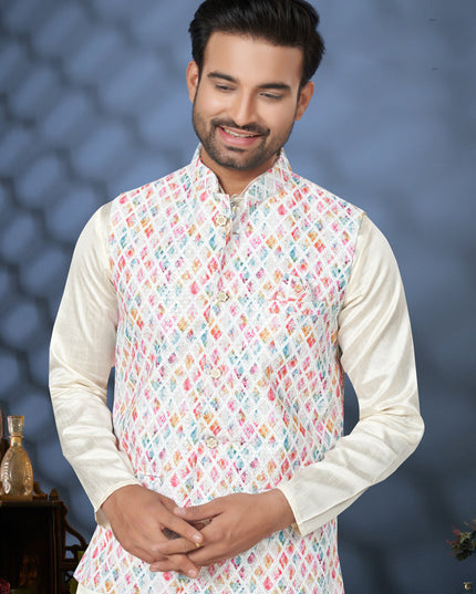 Off White Silk Kurta Pyjama with Off White Jacket