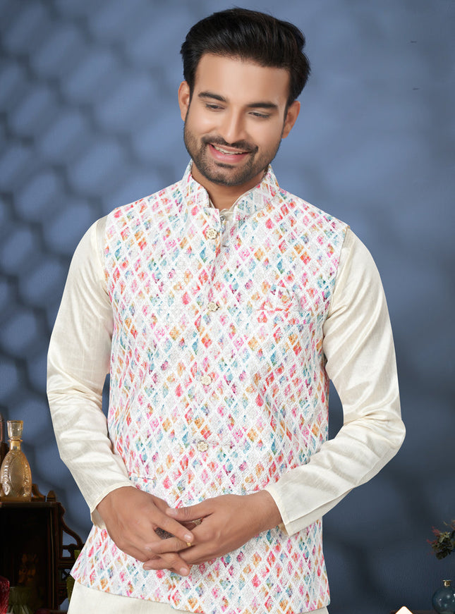 Off White Silk Kurta Pyjama with Off White Jacket