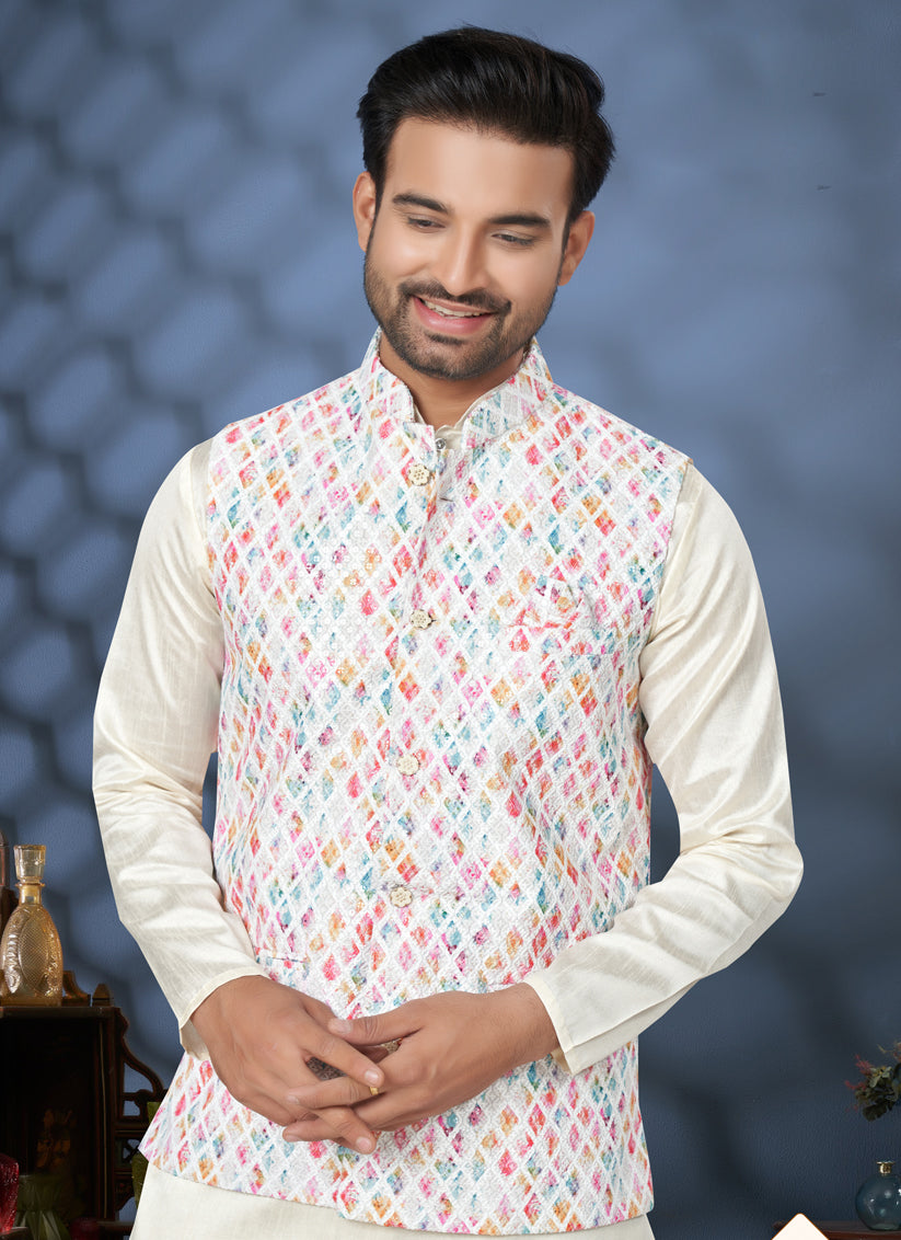 Off White Silk Kurta Pyjama with Off White Jacket