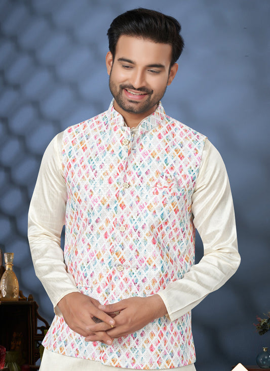 Off White Silk Kurta Pyjama with Off White Jacket