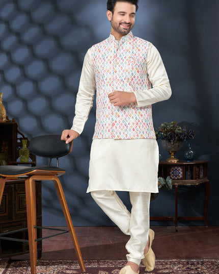 Off White Silk Kurta Pyjama with Off White Jacket