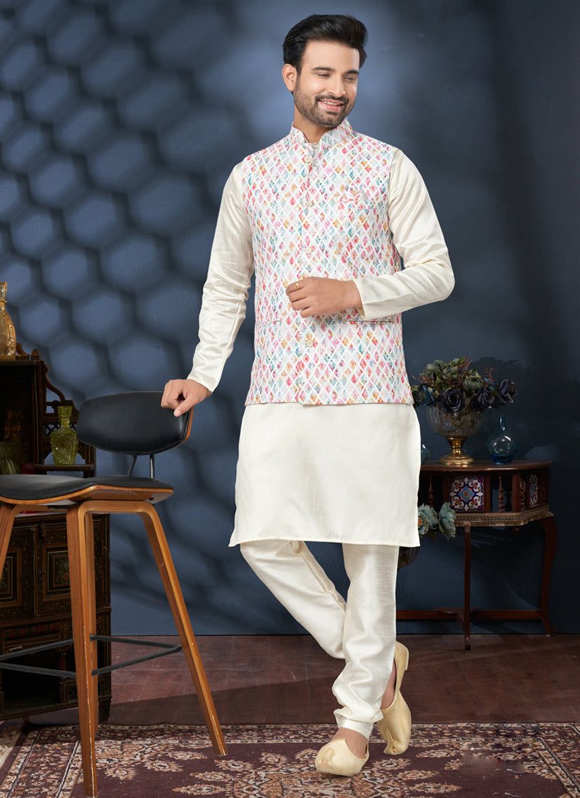 Off White Silk Kurta Pyjama with Off White Jacket