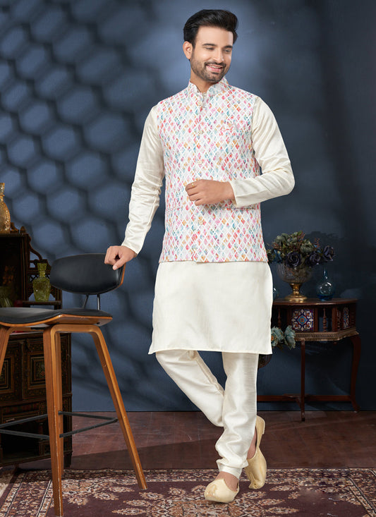Off White Silk Kurta Pyjama with Off White Jacket