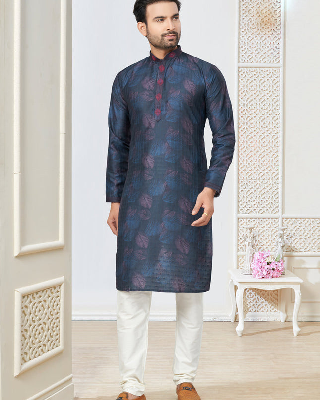Navy Blue Cotton Kurta Pyjama Set