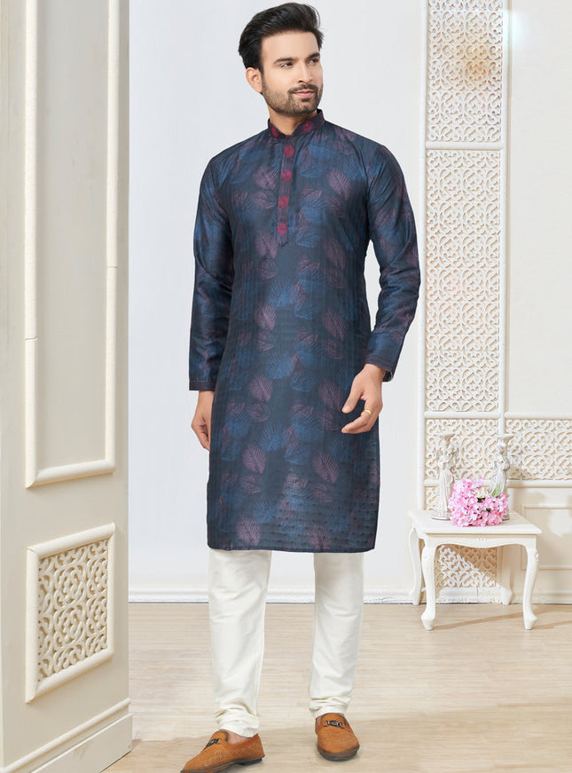 Navy Blue Cotton Kurta Pyjama Set