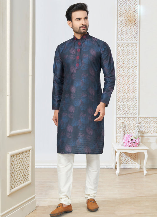 Navy Blue Cotton Kurta Pyjama Set