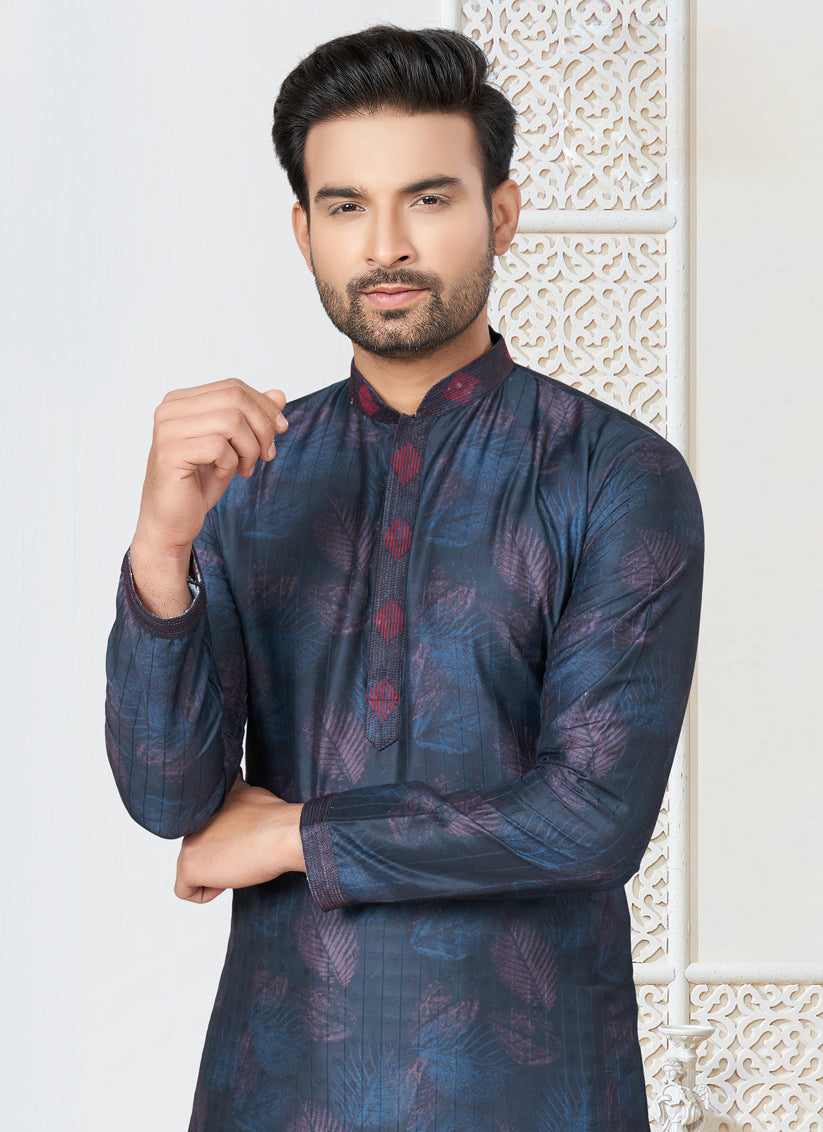 Navy Blue Cotton Kurta Pyjama Set