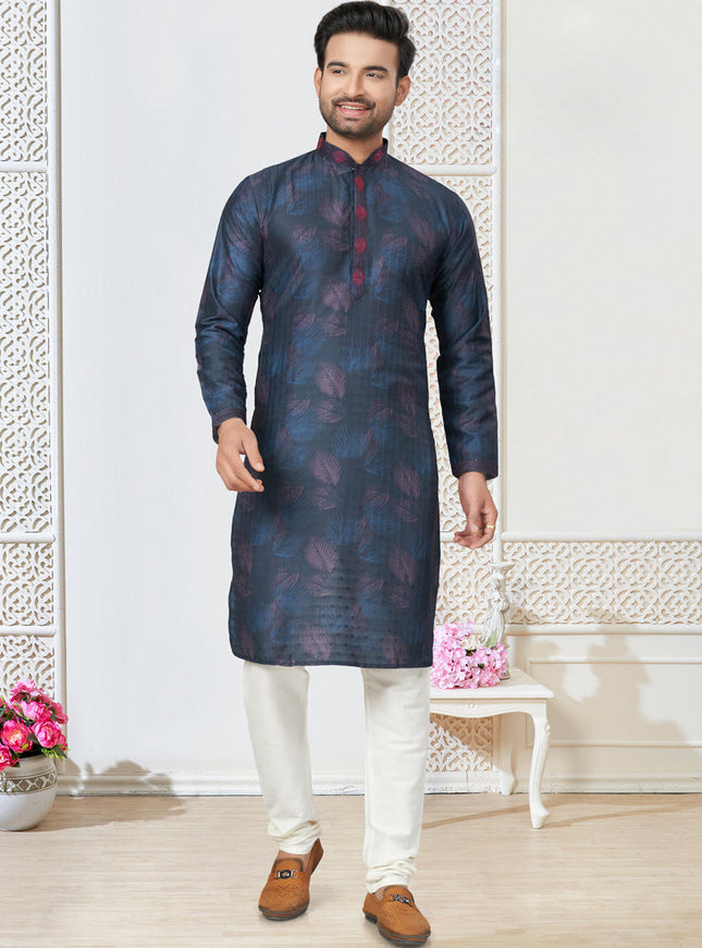 Navy Blue Cotton Kurta Pyjama Set