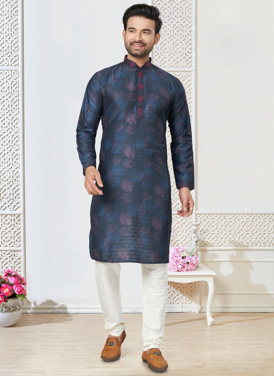 Navy Blue Cotton Kurta Pyjama Set