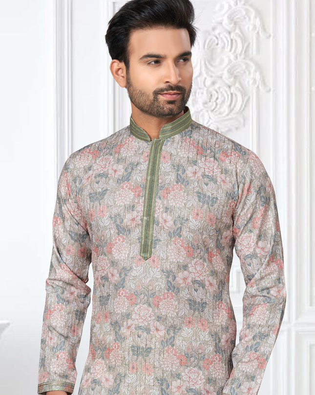 Teal Grey Cotton Digital Printed Kurta Set