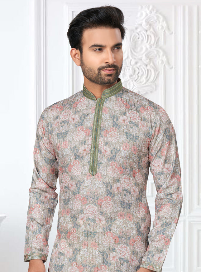 Teal Grey Cotton Digital Printed Kurta Set
