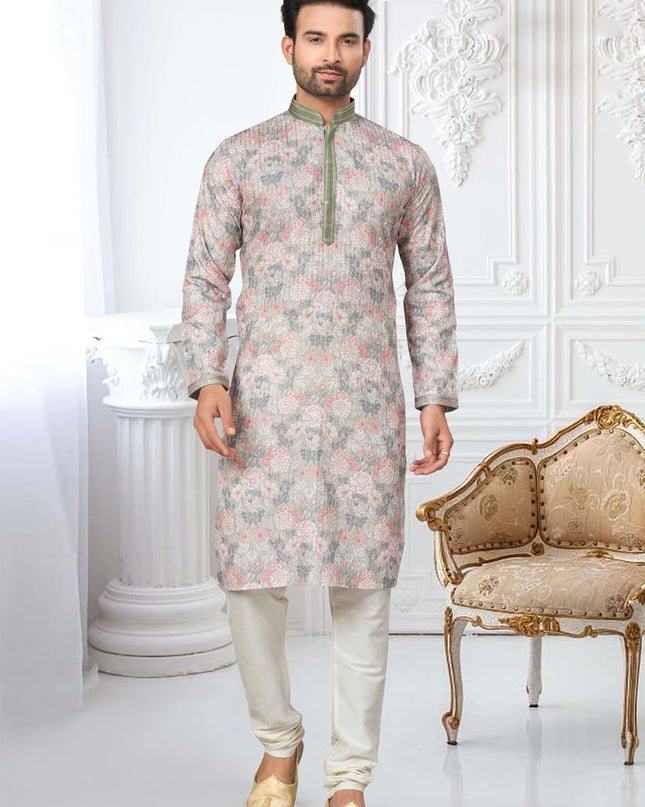 Teal Grey Cotton Digital Printed Kurta Set