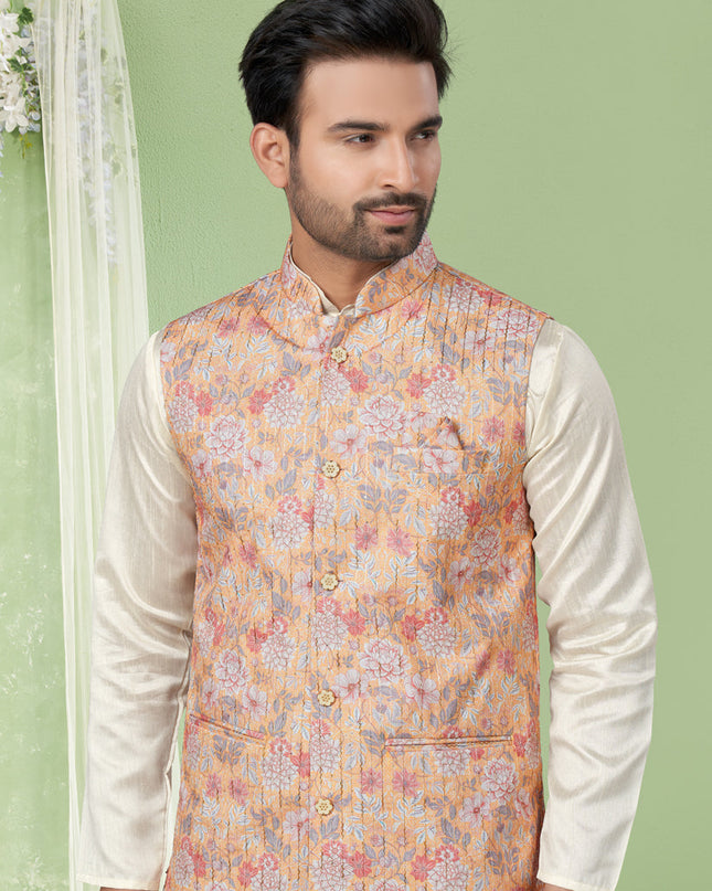 Cream Kurta Pyjama Set with Yellow Jacket