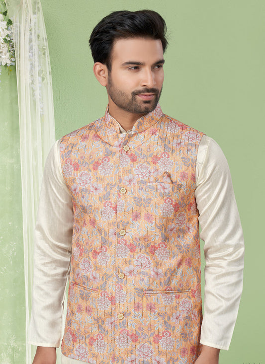 Cream Kurta Pyjama Set with Yellow Jacket