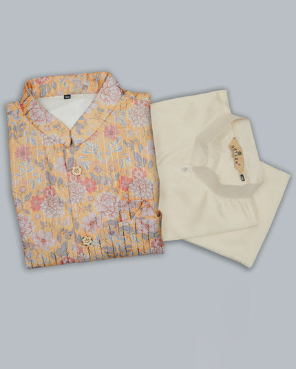 Cream Kurta Pyjama Set with Yellow Jacket