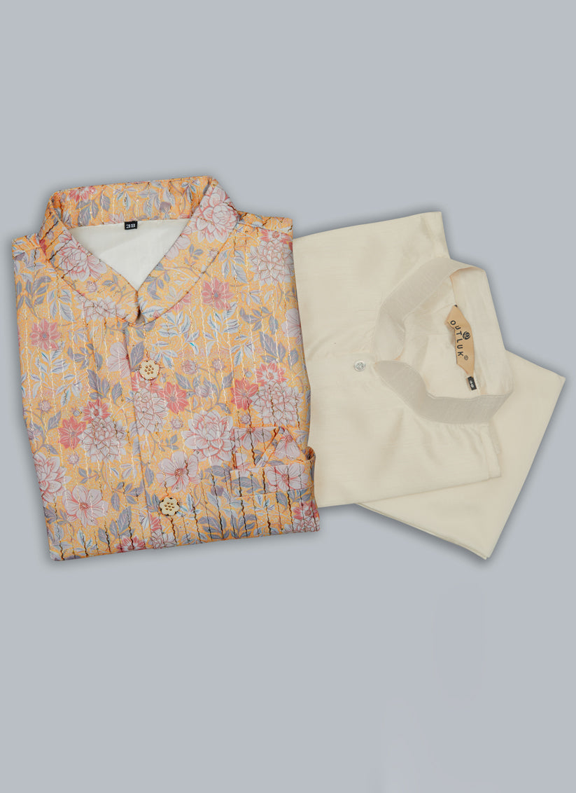 Cream Kurta Pyjama Set with Yellow Jacket