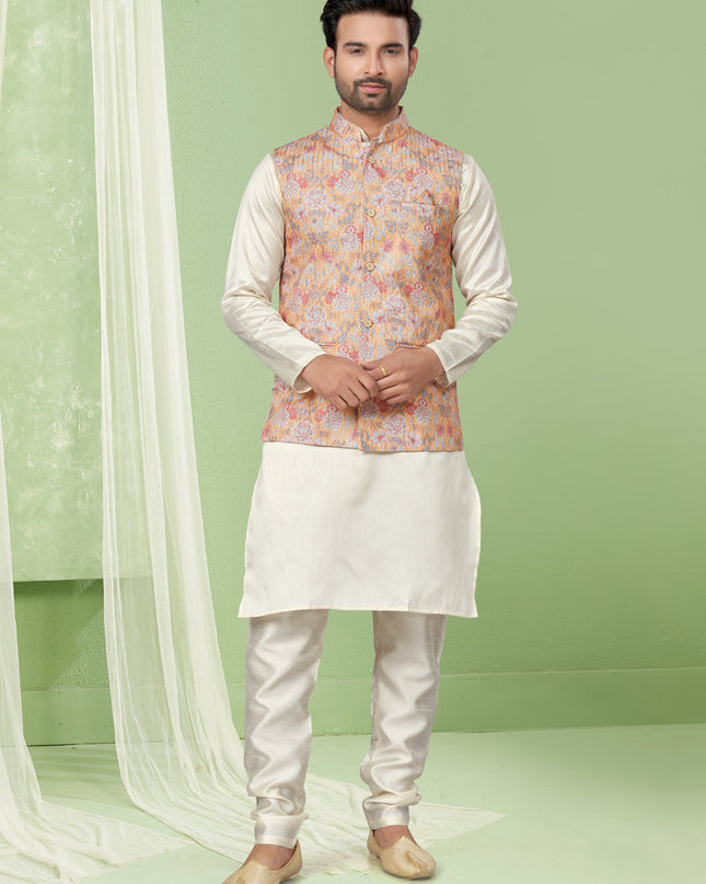 Cream Kurta Pyjama Set with Yellow Jacket