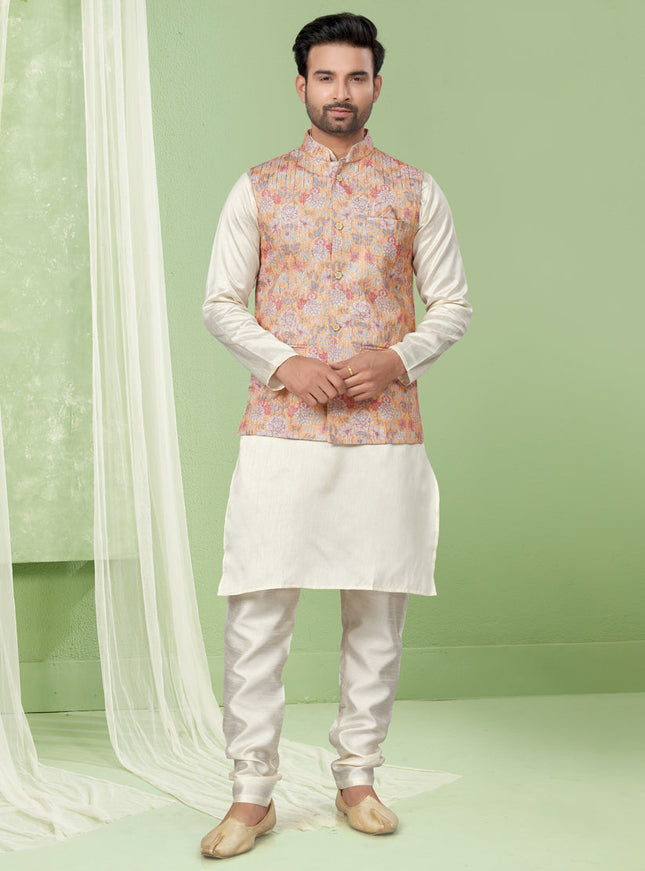 Cream Kurta Pyjama Set with Yellow Jacket