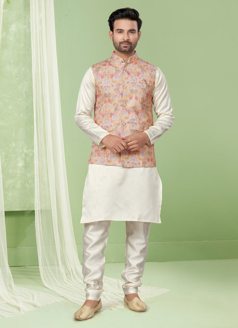 Cream Kurta Pyjama Set with Yellow Jacket
