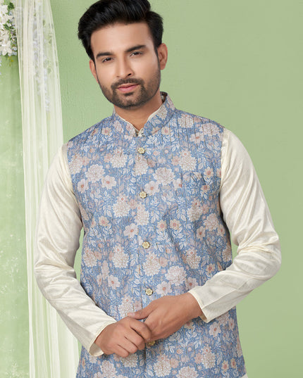 Cream Kurta Pyjama Set with Sky Blue Jacket
