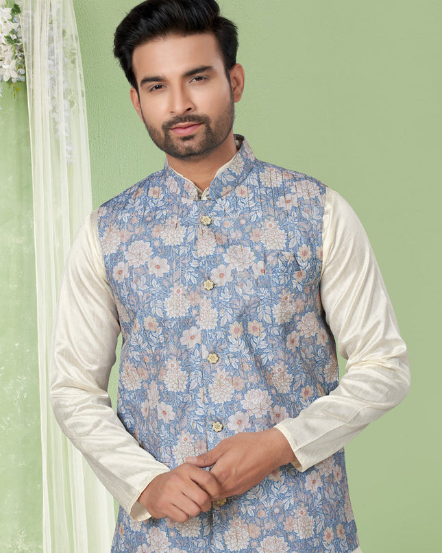 Cream Kurta Pyjama Set with Sky Blue Jacket