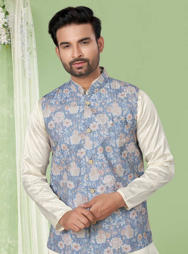 Cream Kurta Pyjama Set with Sky Blue Jacket