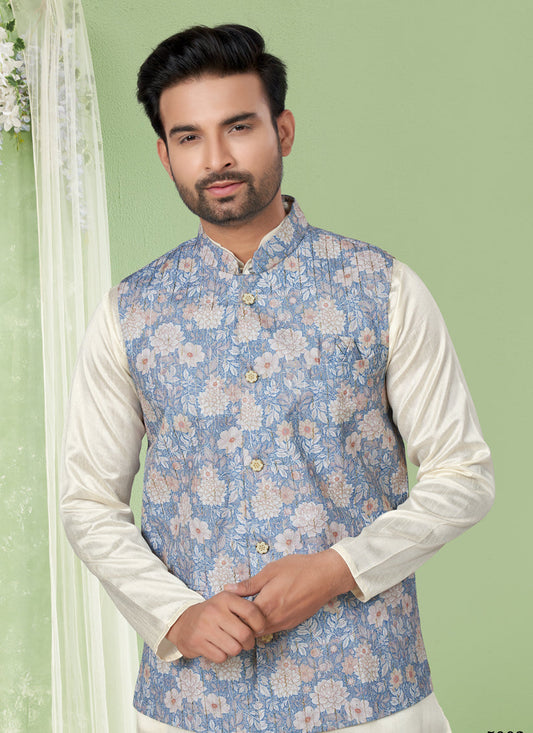Cream Kurta Pyjama Set with Sky Blue Jacket