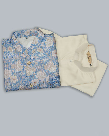 Cream Kurta Pyjama Set with Sky Blue Jacket